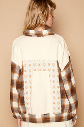 POL Plaid & Star Patchwork Contrast Long Sleeve Shacket OutfitFlow